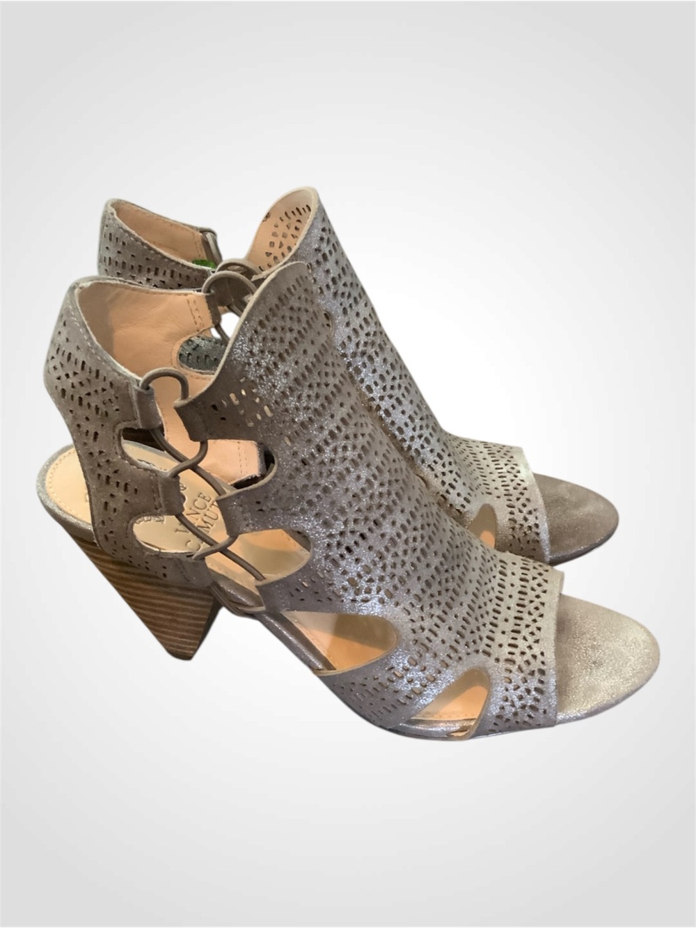 Vince Camuto Eadon Metallic Taupe Cutout Peep Toe Stacked Heels. 7